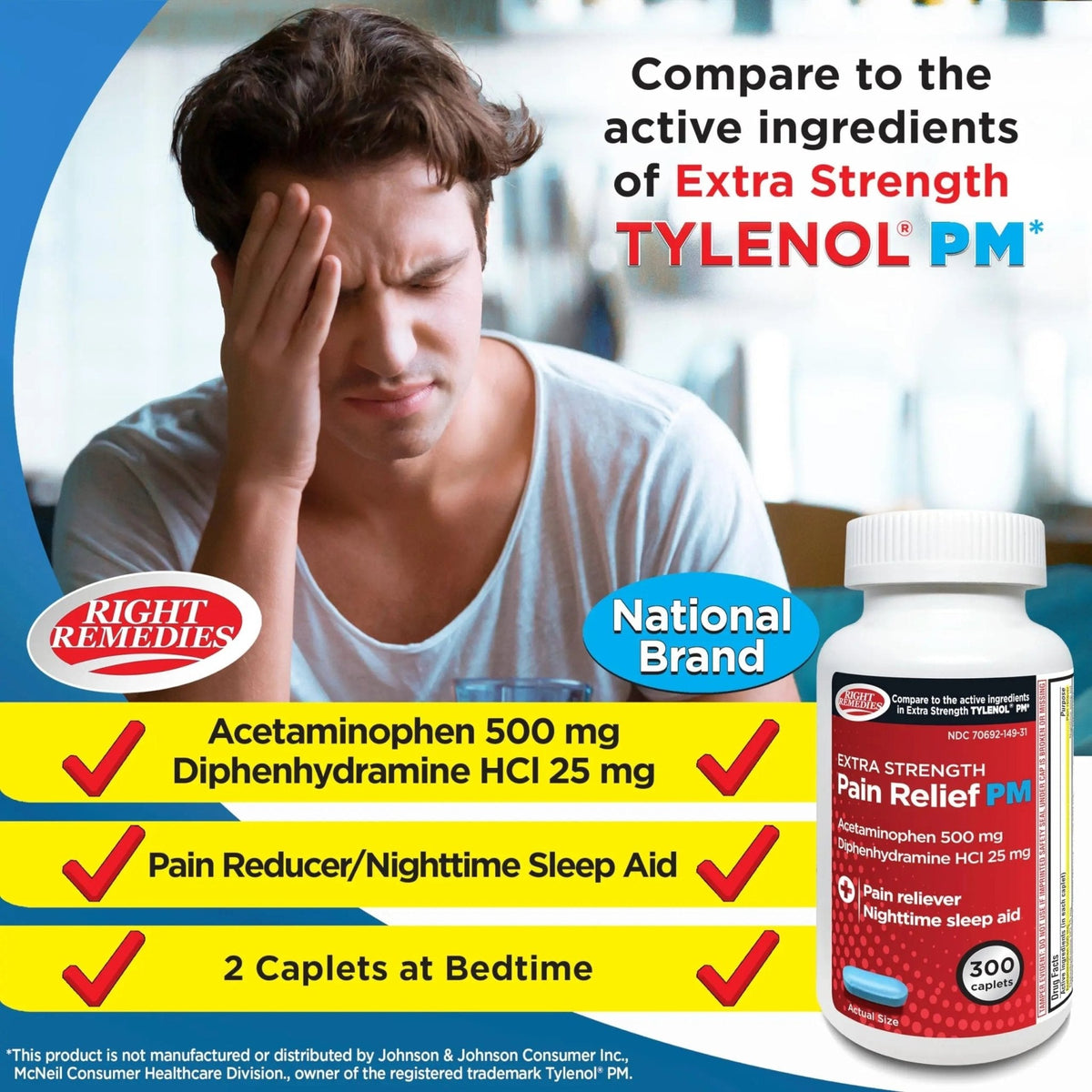 Right Remedies Extra Strength Pain Relief PM & Nighttime Sleep Aid Caplets,(300 count), Acetaminophen 500 mg & Diphenhydramine HCl 25 mg, Non-Habit Forming, Compare to Active ingredients of Tylenol PM - Maple Wellness Supplements