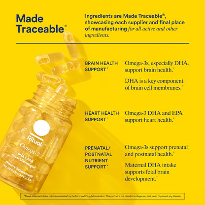 Ritual Omega 3 - Vegan - Science-Backed Dose of DHA & EPA Fatty Acids in 2:1 Ratio, Bioavailable, Brain and Heart Health Support, Minimal Burp-Back, Sustainably Sourced Microalgae, 30 Day Supply - Maple Wellness Supplements