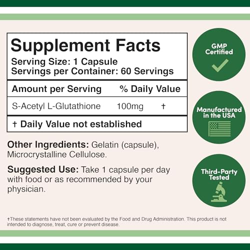 S-Acetyl L-Glutathione Capsules - 100mg, Manufactured and Tested in The USA, 60 Count - Maple Wellness Supplements