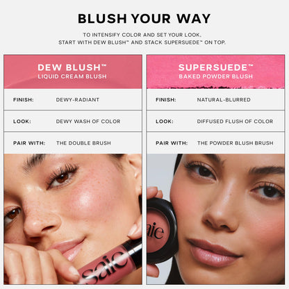 Saie Cheek Flush Duo - Dew Liquid Blush (.40 oz, Spicy), SuperSuede Baked Powder Blush (.01 oz, Ciao) - Layerable, Skin-Nourishing Blushes for a Seamless Radiant Finish - Maple Wellness Supplements