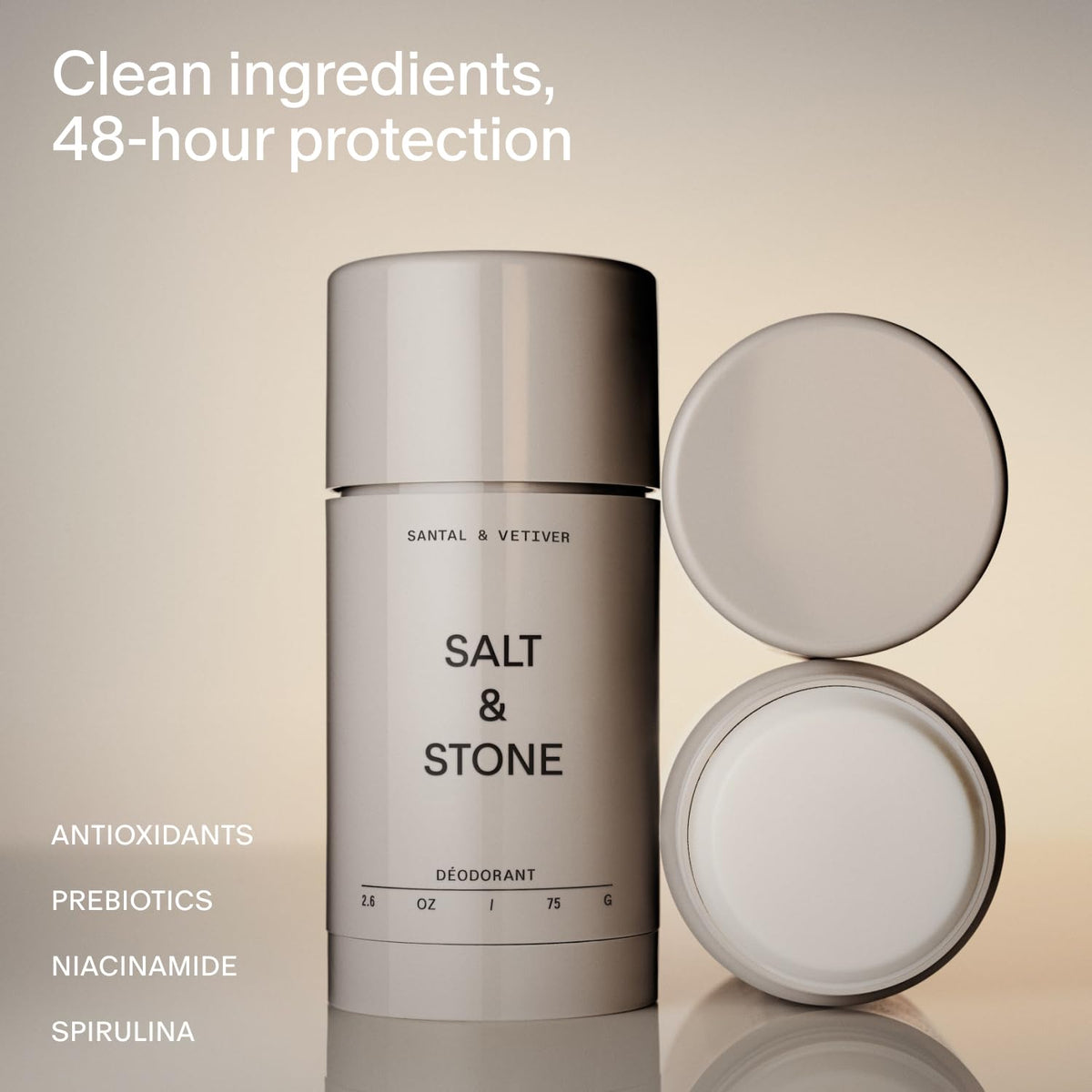 Salt & Stone Aluminum Free Deodorant | Extra Strength 48 Hour Protection for Women & Men | Made with Seaweed Extracts, Niacinamide & Prebiotics | Santal & Vetiver - Maple Wellness Supplements