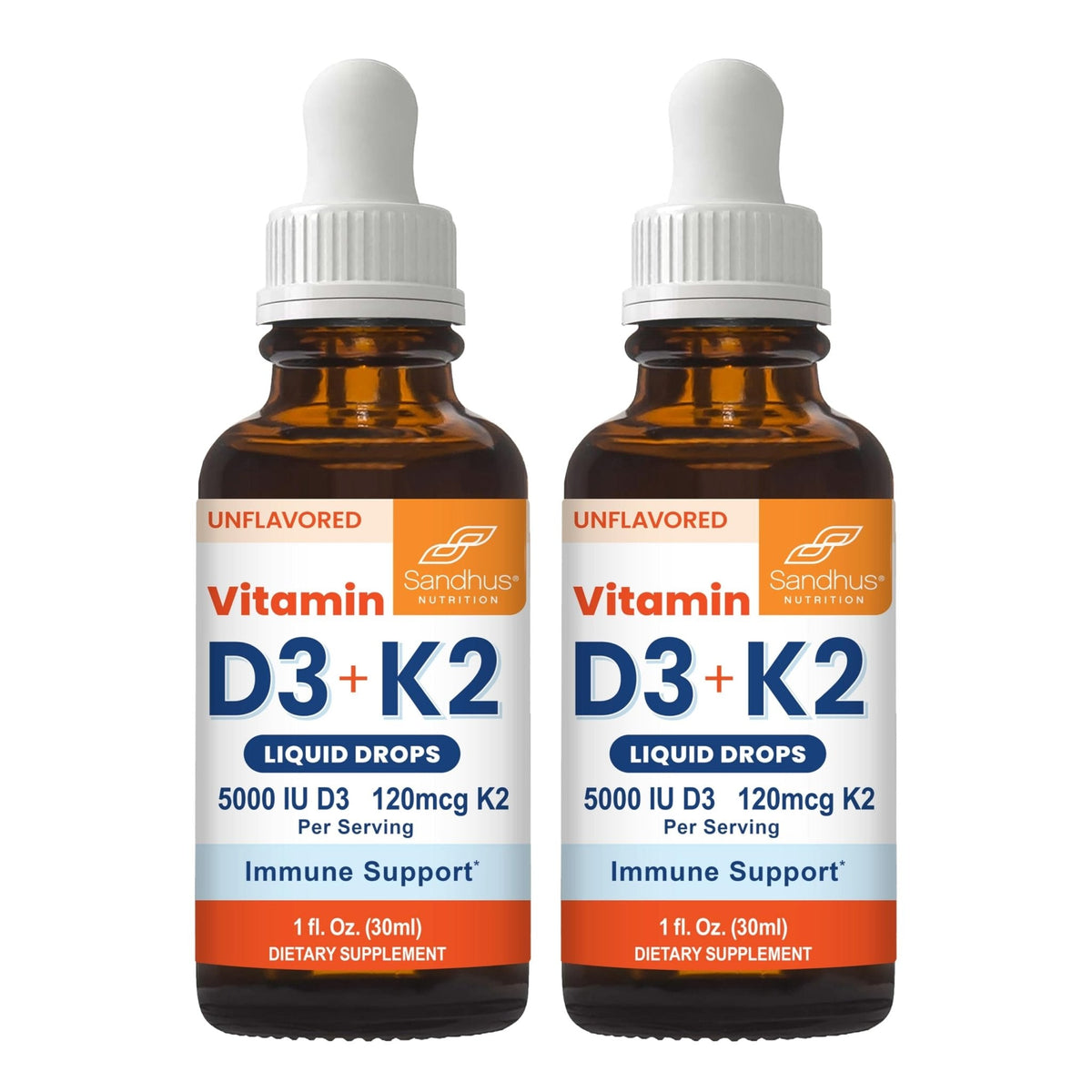 Sandhu's Vitamin D3 K2 Drops for Adults | 5000 IU D3 Liquid, 120mcg K2 Supplement 1 Fl Oz (Pack of 2) | D3K2 Supports Superior Absorption - Maple Wellness Supplements