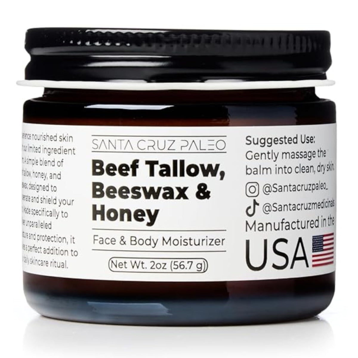 Santa Cruz Paleo, Beef Tallow, Beeswax & Honey Face Moisturizer, Organic, Unscented Grassfed Beef Tallow Skin Care, Sunscreen Free - Maple Wellness Supplements