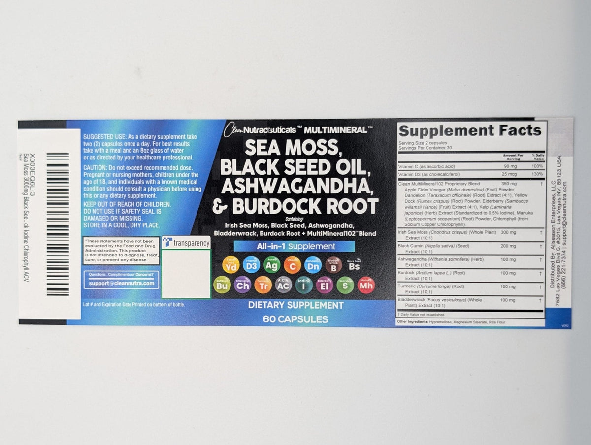 Sea Moss Black Seed Oil Ashwagandha Turmeric Bladderwrack Burdock & Vitamin C Vitamin D3 with Elderberry Manuka Dandelion Yellow Dock Iodine Chlorophyll ACV - 5Pack - Maple Wellness Supplements