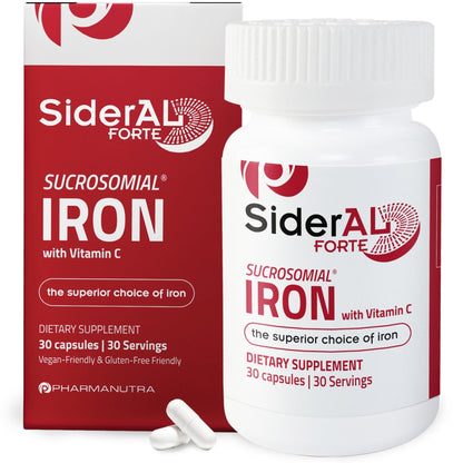 SiderAL Forte Iron Supplement Clinically Proven to Increase Levels Without Side Effects | Sucrosomial High Absorption Gentle Iron Pills for Women and Men | Vitamin C | Anemia & Energy Support | 30 ct - Maple Wellness Supplements
