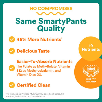 SmartyPants Prenatal Multivitamin Gummies with Omega 3 DHA/EPA, Methylfolate, Biotin, Vitamins D3, C, B12, B6, A, K, and Zinc, Gluten Free, Clean Label - Maple Wellness Supplements