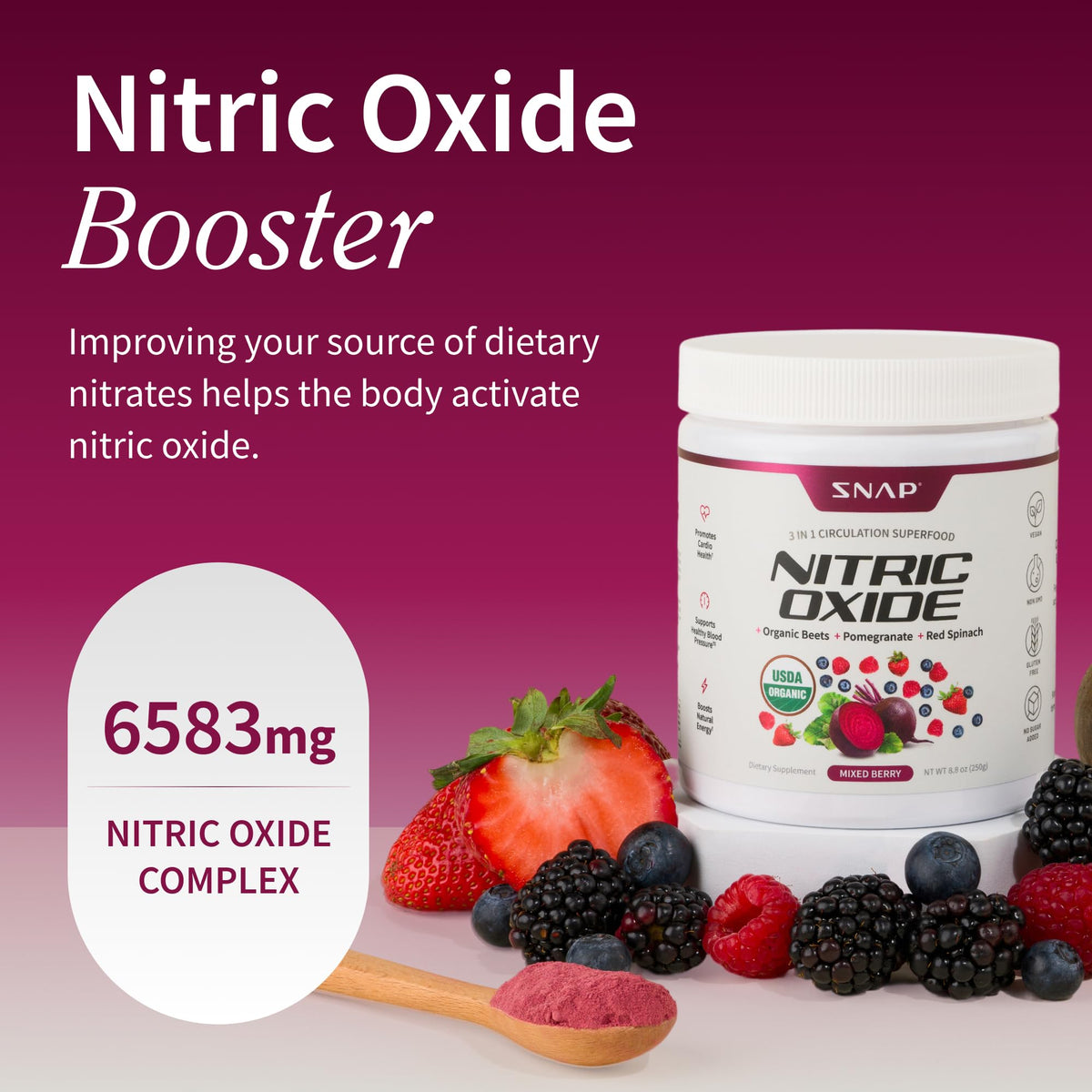 Snap Supplements Organic Beet Root Powder Nitric Oxide Supplement for Men & Women, Red Spinach & Pomegranate, Supports Healthy Energy & Blood Pressure Already in Normal Range, 30 Servings, Mixed Berry - Maple Wellness Supplements