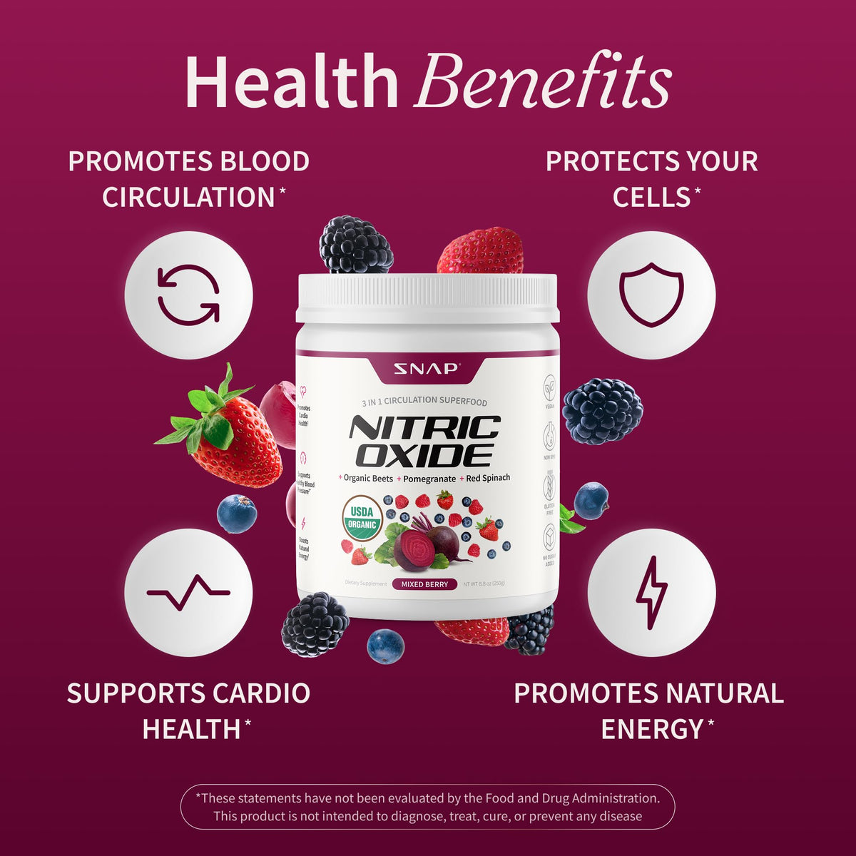 Snap Supplements Organic Beet Root Powder Nitric Oxide Supplement for Men & Women, Red Spinach & Pomegranate, Supports Healthy Energy & Blood Pressure Already in Normal Range, 30 Servings, Mixed Berry - Maple Wellness Supplements