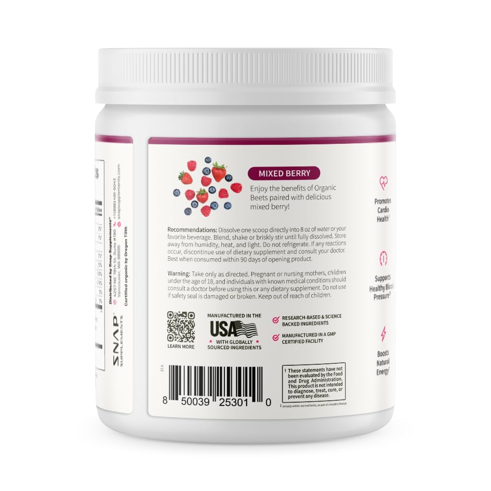 Snap Supplements Organic Beet Root Powder Nitric Oxide Supplement for Men & Women, Red Spinach & Pomegranate, Supports Healthy Energy & Blood Pressure Already in Normal Range, 30 Servings, Mixed Berry - Maple Wellness Supplements