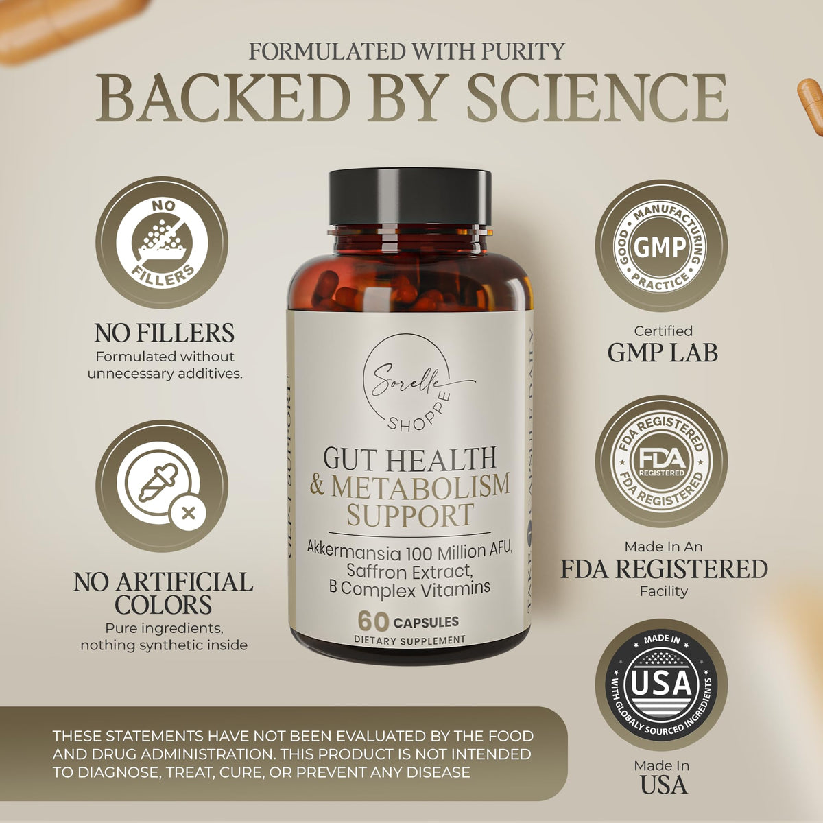 SORELLE SHOPPE Akkermansia Muciniphila Probiotic + Saffron + B Complex | Core Gut Health & Daily Wellness | Mood & Metabolism Support - Maple Wellness Supplements
