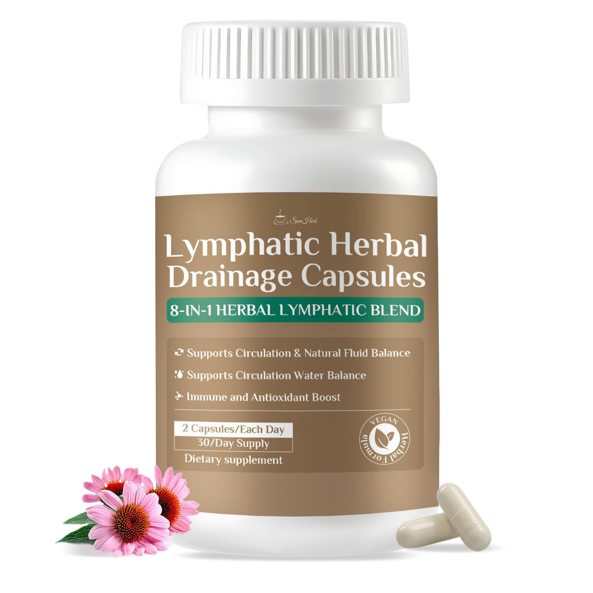SpenHerb Lymphatic Drainage Capsules Supplements, 8-in-1 Herbal Lymphatic Blend Support Circulation and Natural Fluid Balance, Non-GMO Pure,60 Capsules/1 Pack - Maple Wellness Supplements