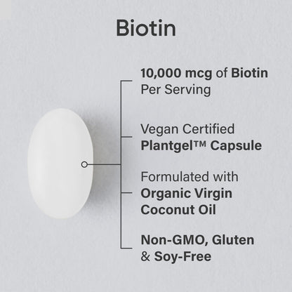 Sports Research® Biotin 10,000mcg with Organic Coconut Oil - Biotin (Vitamin B7) for Healthy Skin and Hair Support* - for Women and Men - Vegan, Non-GMO, Gluten & Soy-Free - 30 Veggie Softgels - Maple Wellness Supplements