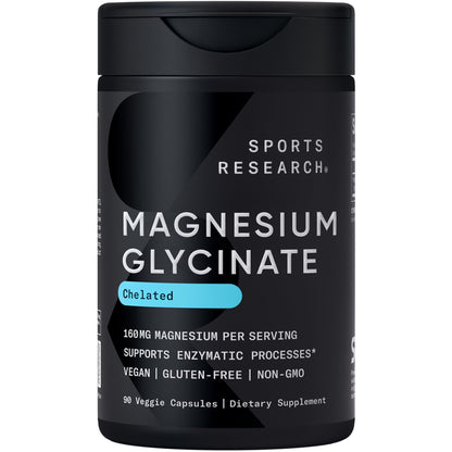 Sports Research® Magnesium Glycinate - Supports Restful Sleep & Enzymatic Processes - 160 mg Chelated Magnesium - Vegan Capsule - 90 Count - Maple Wellness Supplements