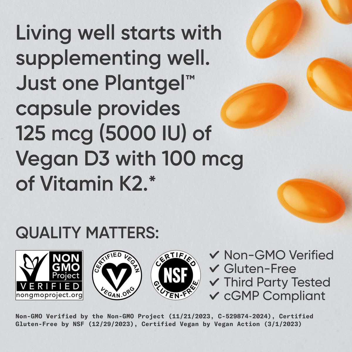 Sports Research® Vitamin D3 + K2 w/ Coconut Oil - Vegan Vitamin D 5000iu & Mk7 Vitamin K 100mcg for Bone & Immune Support - Vegan Certified · Non-GMO · Soy Free - 60 Softgels - Maple Wellness Supplements