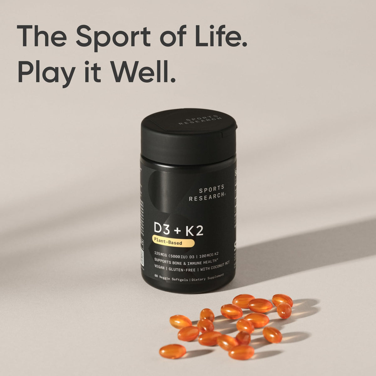 Sports Research® Vitamin D3 + K2 w/ Coconut Oil - Vegan Vitamin D 5000iu & Mk7 Vitamin K 100mcg for Bone & Immune Support - Vegan Certified · Non-GMO · Soy Free - 60 Softgels - Maple Wellness Supplements