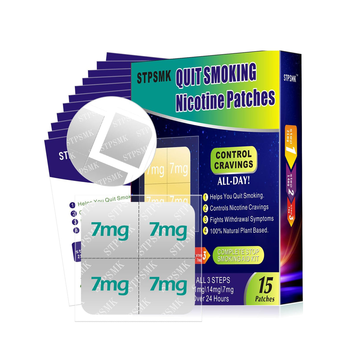 STPSMK Nicotine Patches 28mg - Adjustable 4-Step Dose (28/21/14/7mg) | Plant-Based | 24HR | Quit Smoking & Vaping Kit (15 Patches) - Maple Wellness Supplements