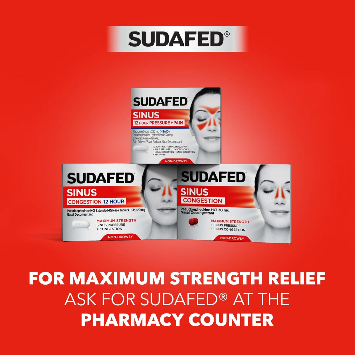 Sudafed PE Sinus Pressure + Pain Relief Tablets, Maximum Strength, Non-Drowsy, OTC Sinus Relief Medicine with Acetaminophen Pain Reliever & Phenylephrine HCl Nasal Decongestant, 24 ct - Maple Wellness Supplements