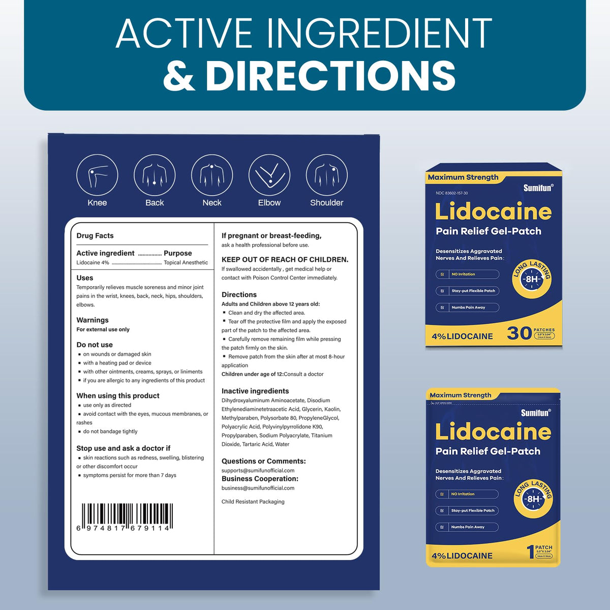 Sumifun 4% Lidocaine Pain Relief Patches 30 Count Maximum Strength Numbing Gel Patch for Back Knee Neck Joint Ache Muscle Soreness Topical Analgesic - Maple Wellness Supplements
