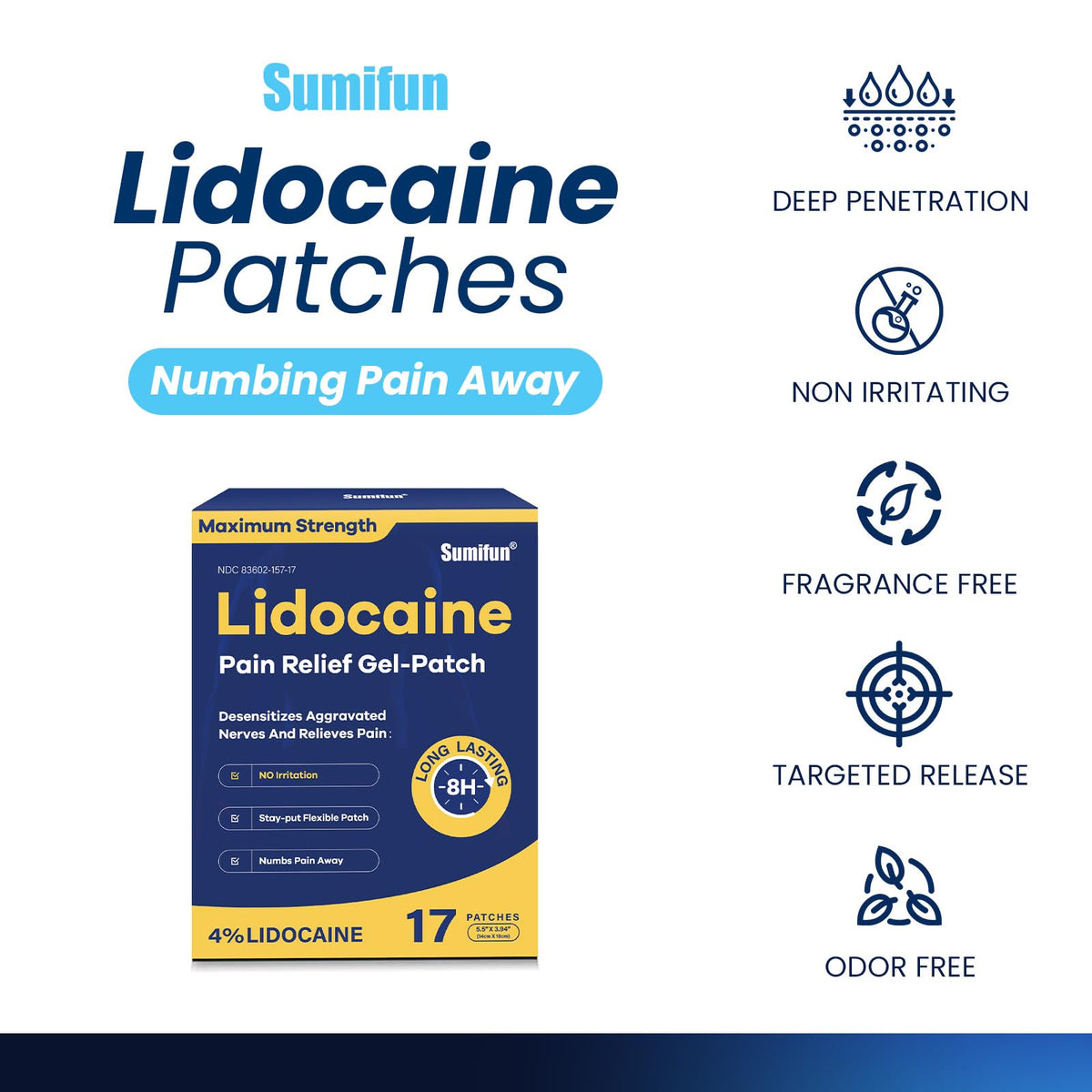 Sumifun 4% Lidocaine Patches Maximum Strength - Pain Relieving Gel Patch for Muscle Soreness, Back Ache, Knee, Neck & Joint Pains - Topical Analgesic (Large, Count, 17) - Maple Wellness Supplements