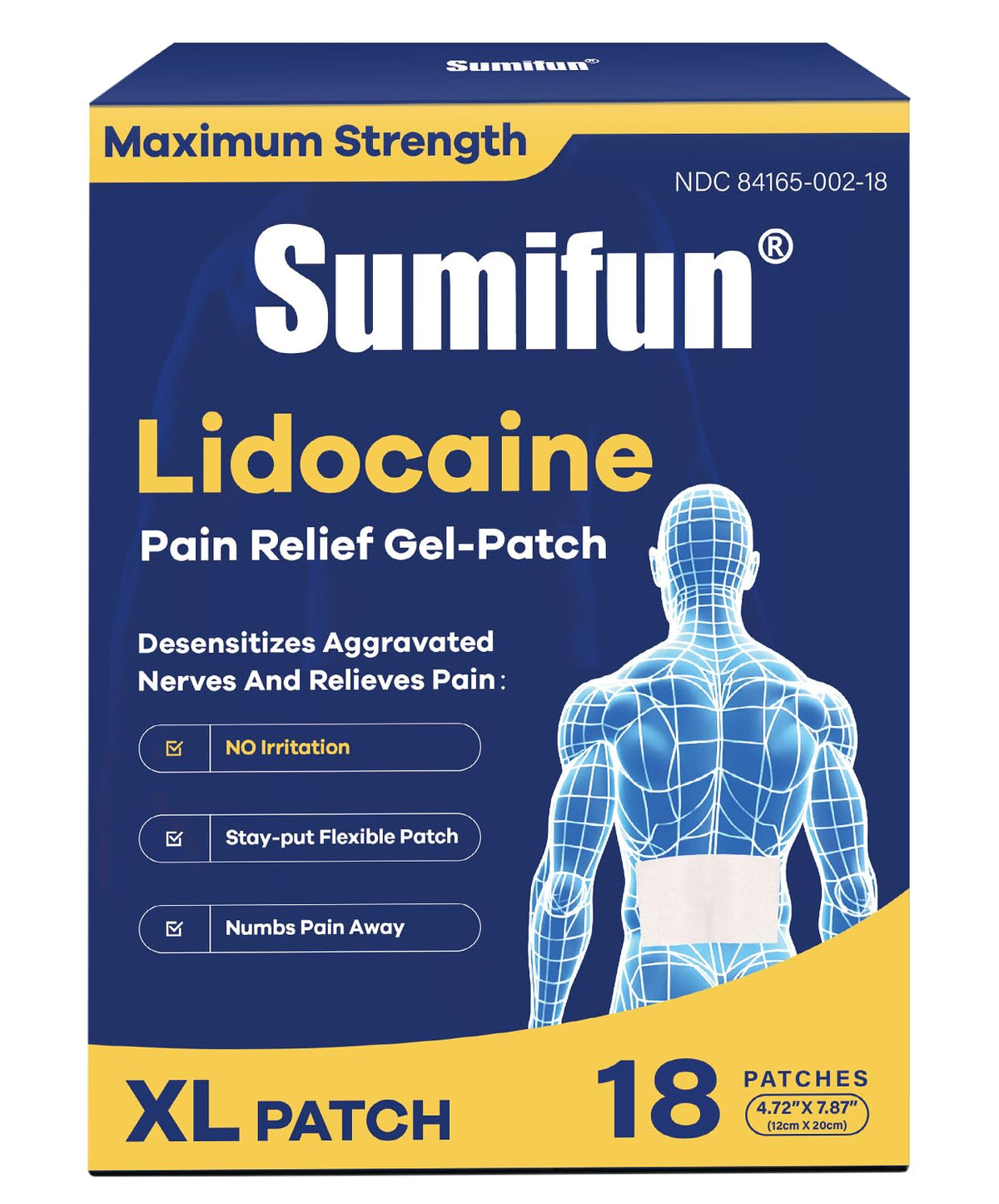 Sumifun 4% Lidocaine XL Pain Patches | Extra Large 4.72"x7.87" for Full Back & Thigh Coverage | Maximum Strength OTC Numbing | 8-Hour Medical Adhesion (X-Large, Count, 18) - Maple Wellness Supplements