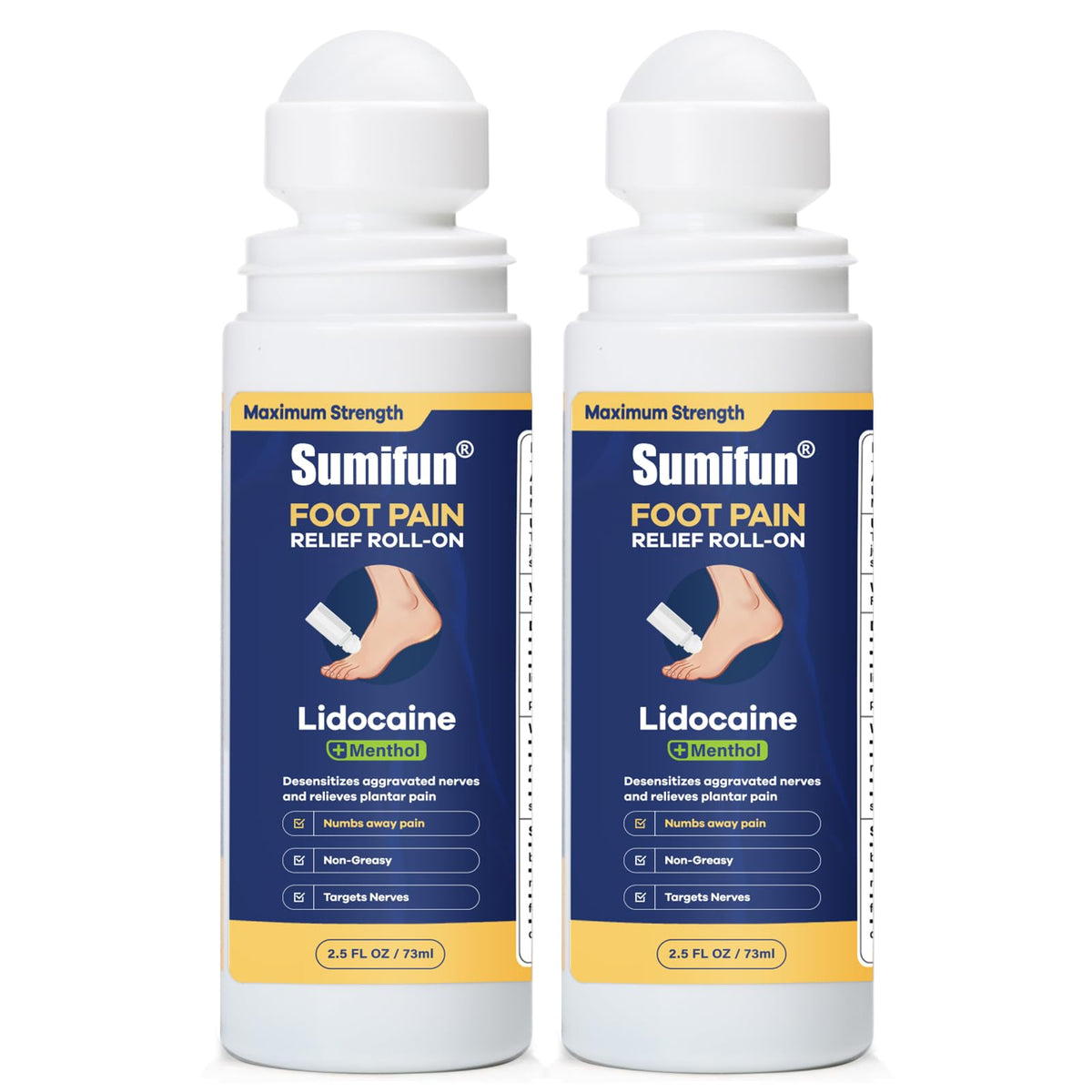 Sumifun Foot Pain Relief Lidocaine Roll-On - Maximum Strength OTC for Plantar Fasciitis & Heel Pain - Fast-Drying, Non-Greasy Formula, 2.5 Fl Oz * 2 - Maple Wellness Supplements