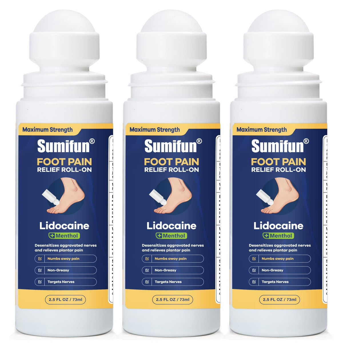 Sumifun Foot Pain Relief Lidocaine Roll-On - Maximum Strength OTC for Plantar Fasciitis & Heel Pain - Fast-Drying, Non-Greasy Formula, 2.5 Fl Oz * 3 - Maple Wellness Supplements