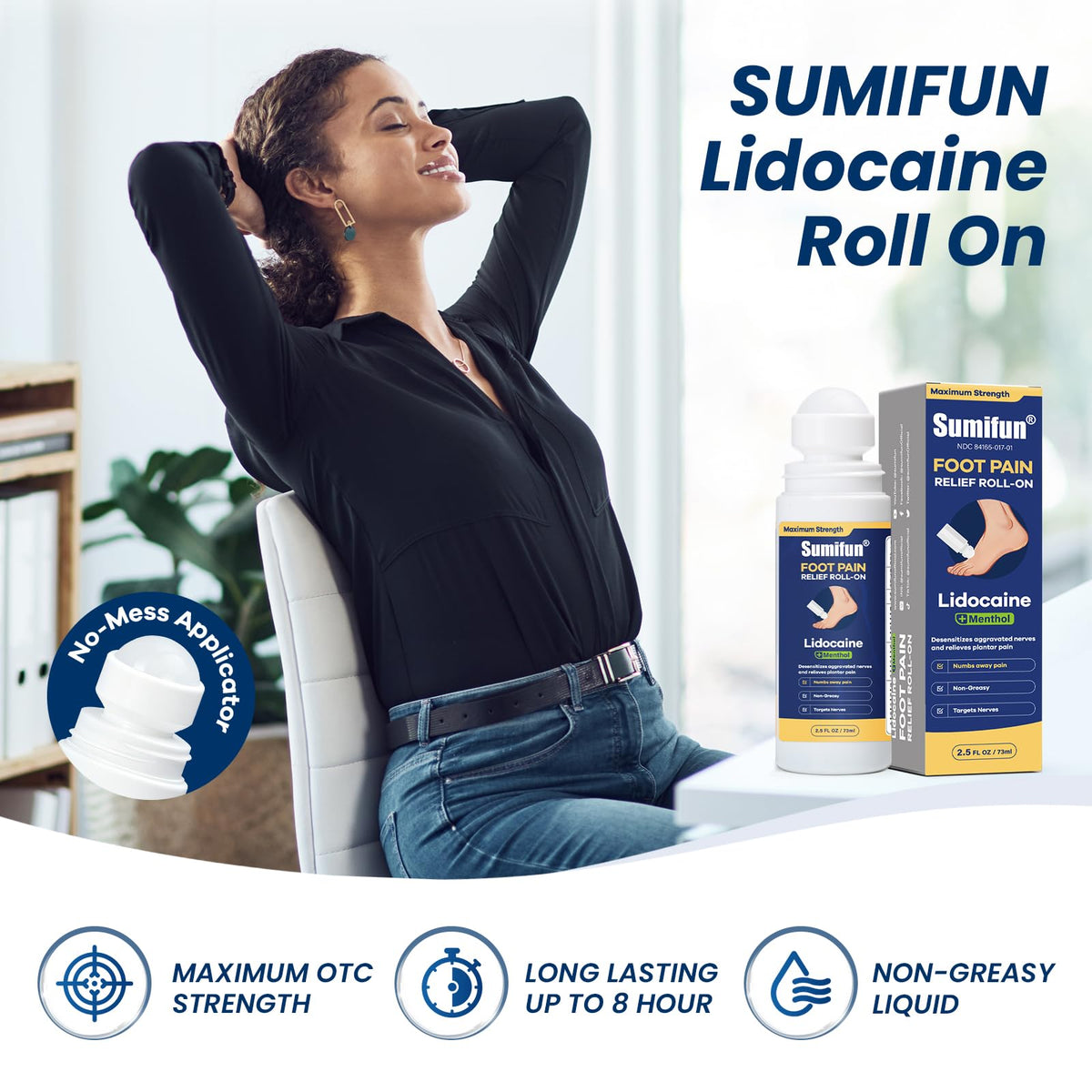 Sumifun Foot Pain Relief Lidocaine Roll-On - Maximum Strength OTC for Plantar Fasciitis & Heel Pain - Fast-Drying, Non-Greasy Formula, 2.5 Fl Oz * 3 - Maple Wellness Supplements