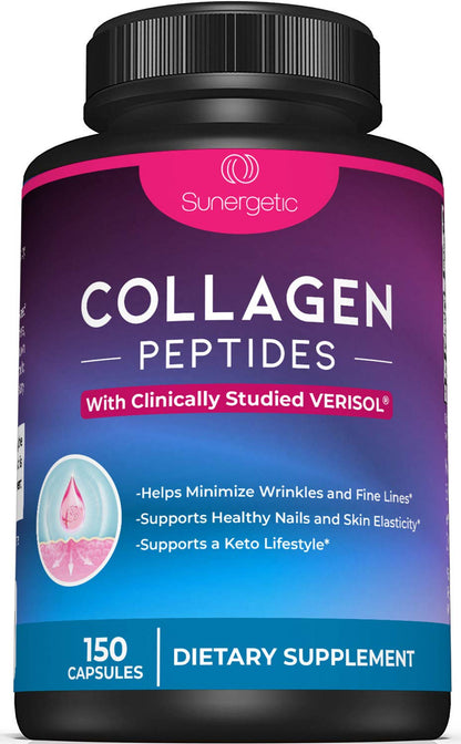 Sunergetic Premium Collagen Peptides Capsules – 2500 mg of VERISOL Collagen Peptides Type 1 & Type 3 – Multi Collagen Supplement to Support Joint Health, Hair, Skin & Nails – 150 Collagen Capsules - Maple Wellness Supplements