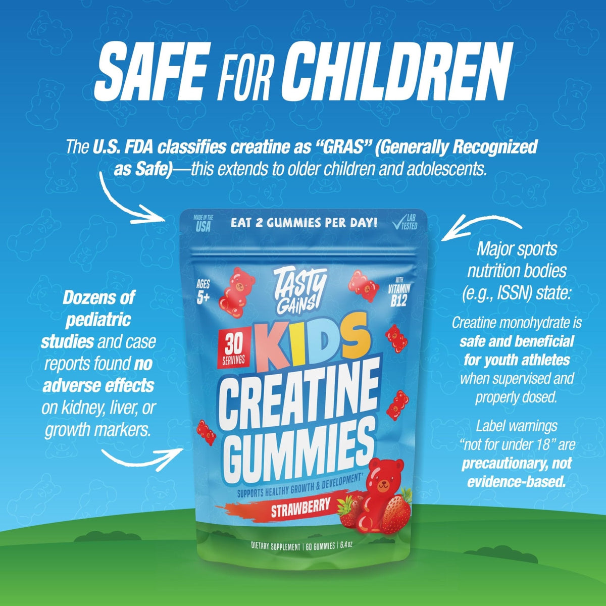 TASTY GAINS Kids & Teen Creatine Gummies with Vitamin B12 for Growth Support, Easy Chew Daily Supplement, Gummy Vitamins for Kids and Teens, Ages 5+ - Maple Wellness Supplements