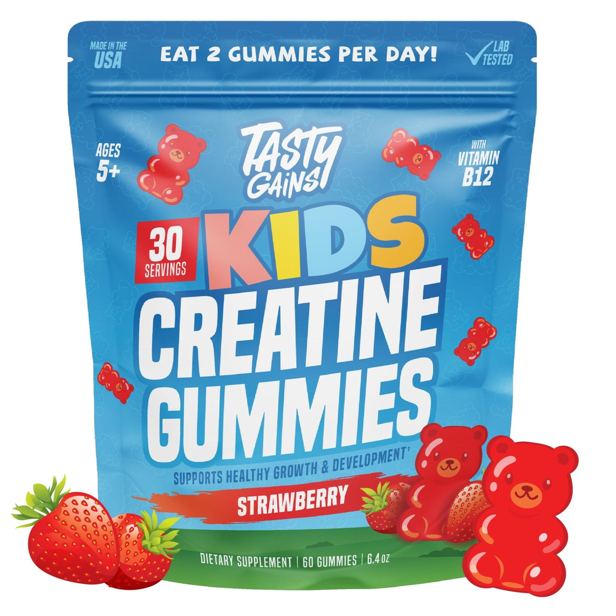 TASTY GAINS Kids & Teen Creatine Gummies with Vitamin B12 for Growth Support, Easy Chew Daily Supplement, Gummy Vitamins for Kids and Teens, Ages 5+ - Maple Wellness Supplements