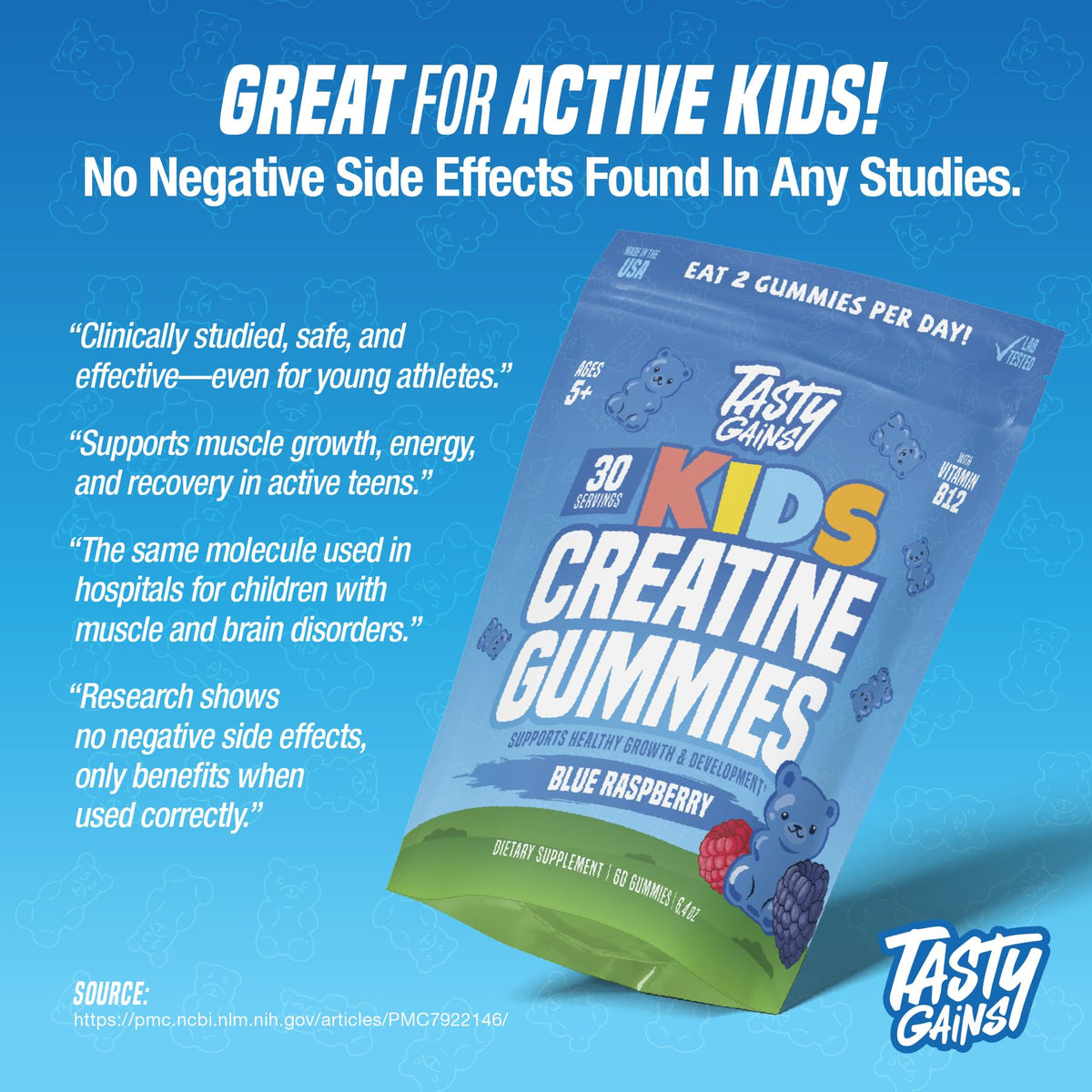 TASTY GAINS Kids & Teen Creatine Gummies with Vitamin B12 for Growth Support, Easy Chew Daily Supplement, Gummy Vitamins for Kids and Teens, Ages 5+ - Maple Wellness Supplements