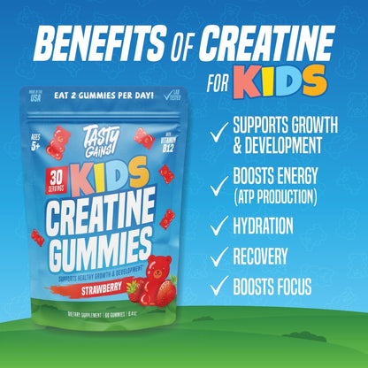 TASTY GAINS Kids & Teen Creatine Gummies with Vitamin B12 for Growth Support, Easy Chew Daily Supplement, Gummy Vitamins for Kids and Teens, Ages 5+ - Maple Wellness Supplements