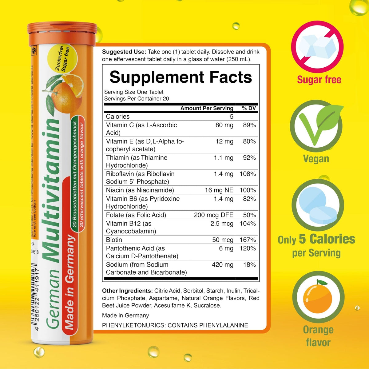 T&D German Multivitamin Drink Effervescnet Tablets 140 Servings Orange Flavour - Vitamin C, E, B1, B2, B6, B12, Biotin, Folic Acid, Niacin, Pantothenic Acid Pharma – Made in Germany - Maple Wellness Supplements