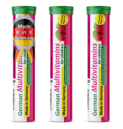 T&D German Multivitamin for Children 60 Drink Effervescent Tablets - Sweet Raspberry Flavour, Sugar Free, Vegan - Vitamin C, E, B1, B2, B6, B12, Folic Acid, Niacin Pharma – Made in Germany - Maple Wellness Supplements