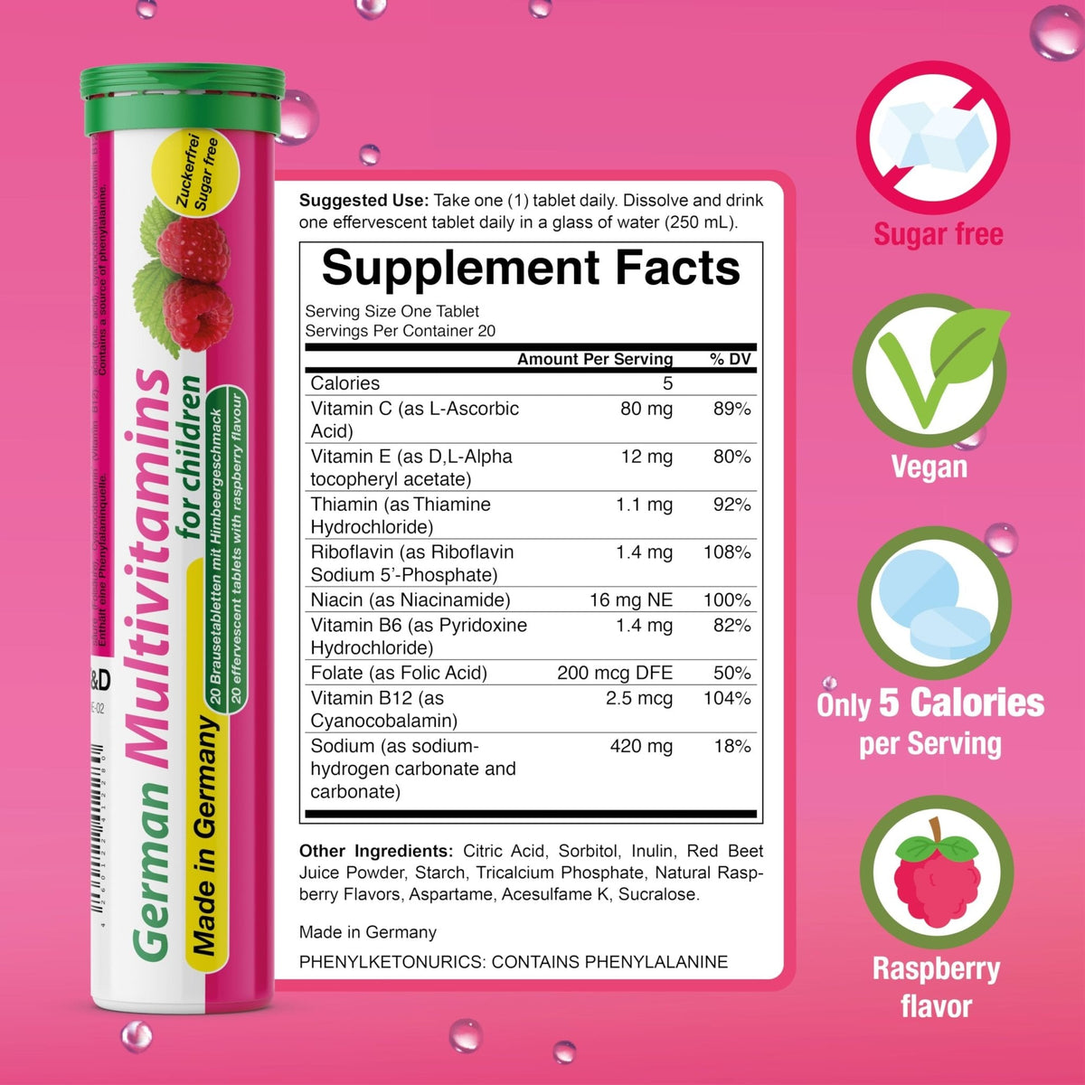 T&D German Multivitamin for Children 60 Drink Effervescent Tablets - Sweet Raspberry Flavour, Sugar Free, Vegan - Vitamin C, E, B1, B2, B6, B12, Folic Acid, Niacin Pharma – Made in Germany - Maple Wellness Supplements