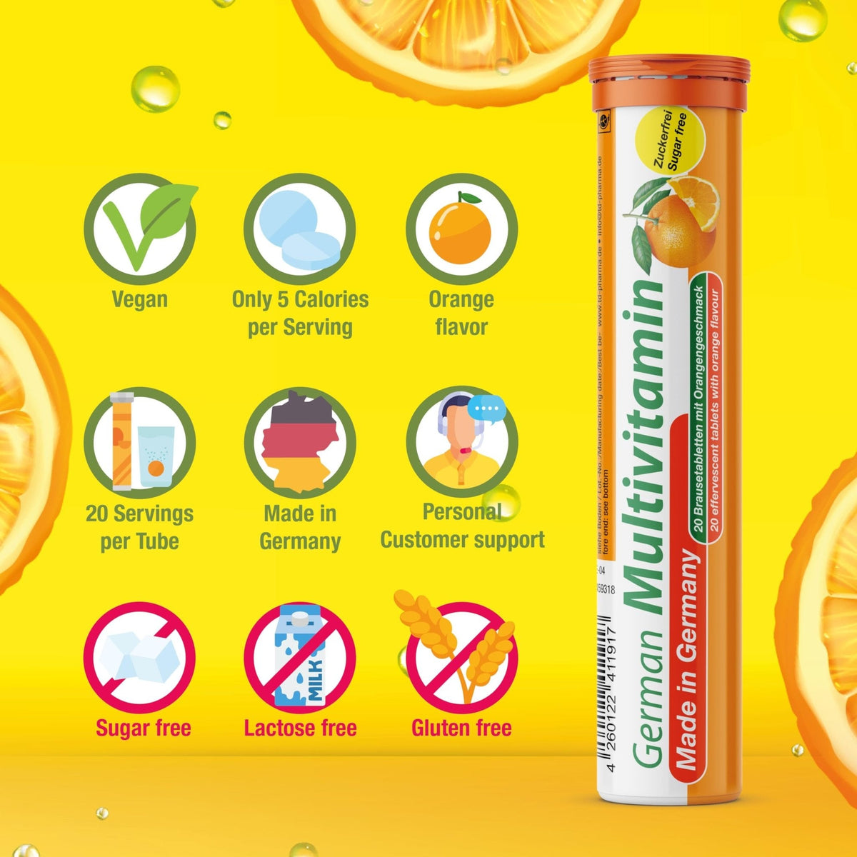 T&D German Multvitamin 10 Vitamins - 40 Vegan Drink Effervescent Tablets - Orange Flavor - Made in Germany - Maple Wellness Supplements