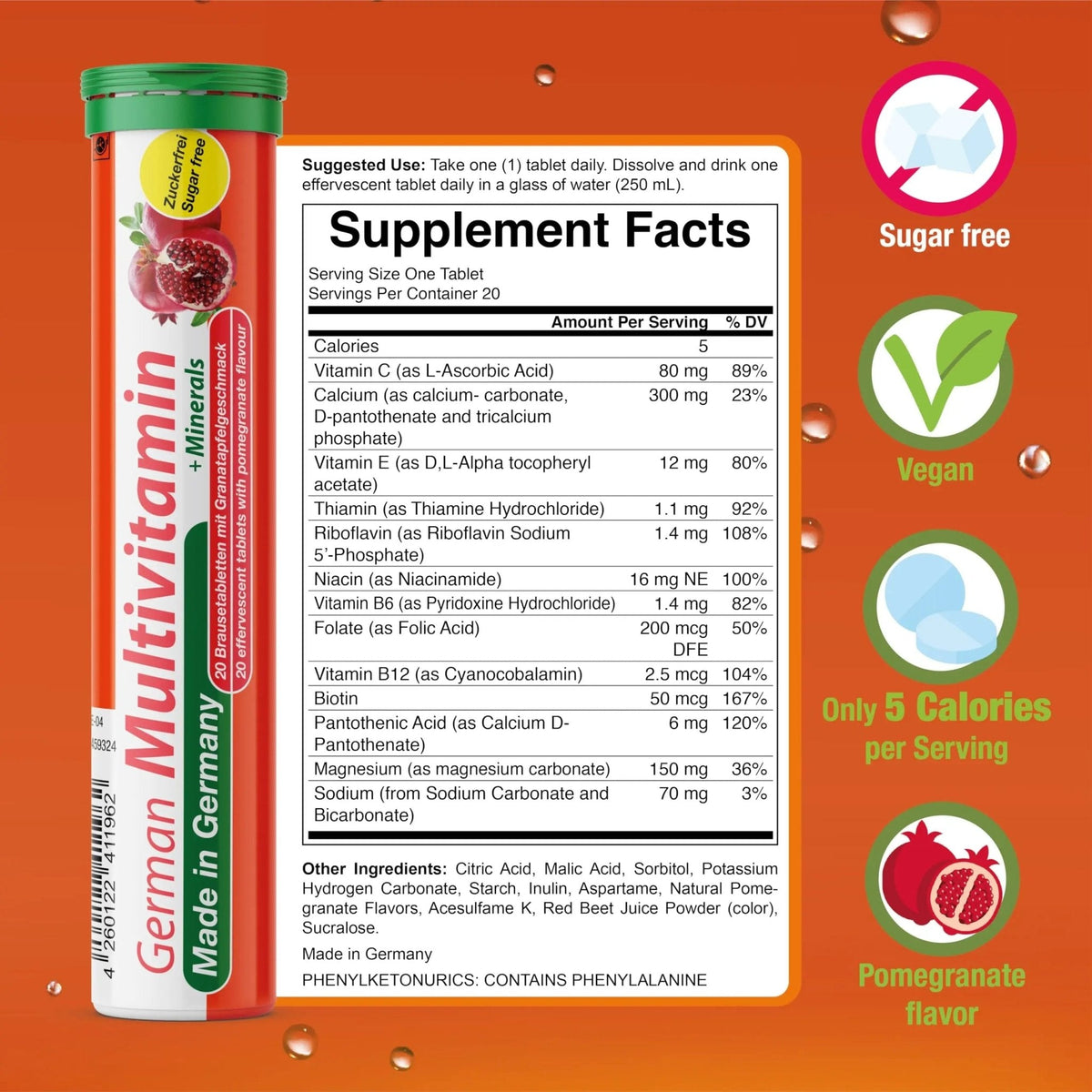 T&D German Multvitamin + Minerals 10 Vitamins 2 Minerals - 100 Vegan Drink Effervescent Tablets - Pomegranate Flavor - Maple Wellness Supplements