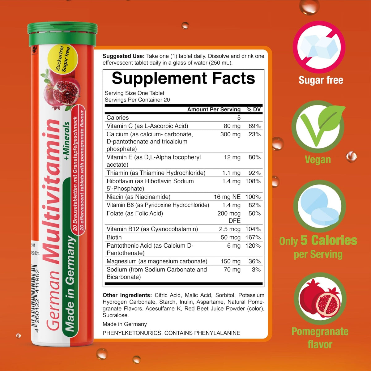 T&D German Multvitamin + Minerals 10 Vitamins 2 Minerals - 240 Vegan Drink Effervescent Tablets - Pomegranate Flavor - Made in Germany - Maple Wellness Supplements