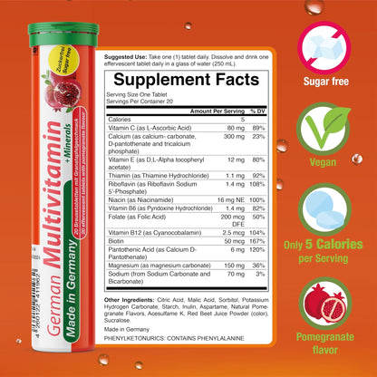 T&D German Multvitamin + Minerals 10 Vitamins 2 Minerals - 240 Vegan Drink Effervescent Tablets - Pomegranate Flavor - Made in Germany - Maple Wellness Supplements
