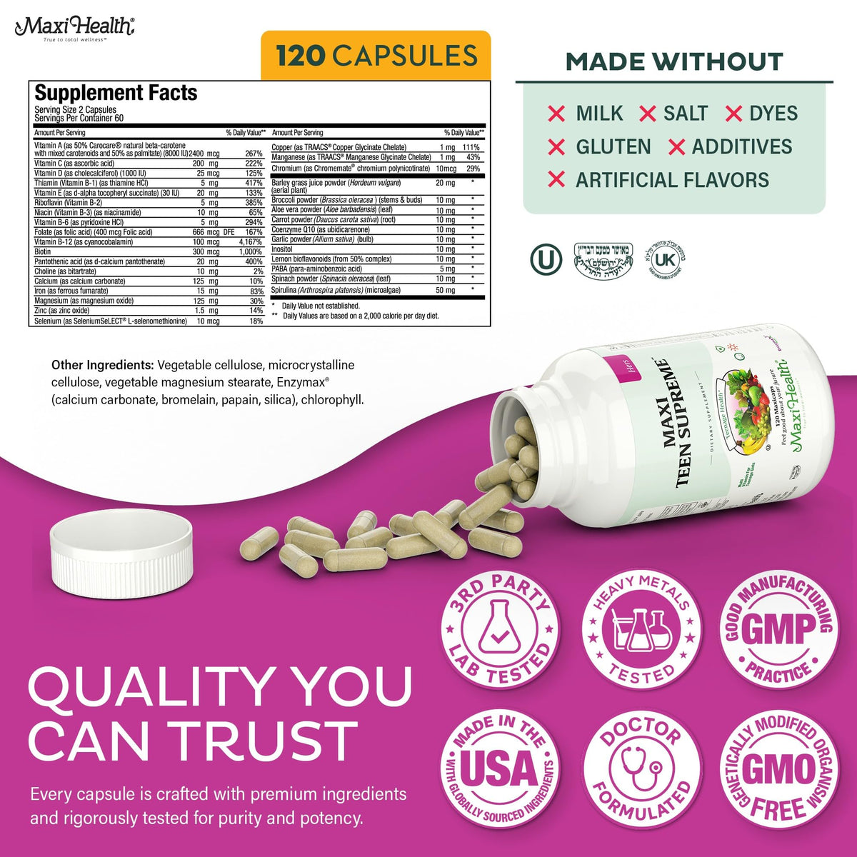 Teen Vitamins for Girls 12-17 - Teen Multivitamin D3, Iron, Calcium, Biotin, Zinc, Digestive Enzymes – Teenager Girl Multi Vitamins - Maple Wellness Supplements
