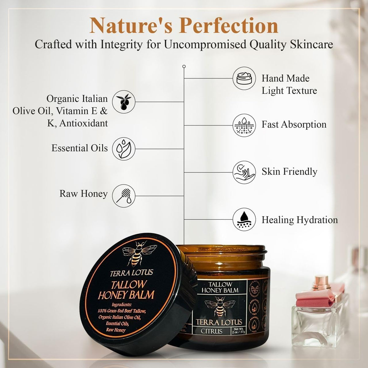 Terra Lotus - Organic Grass-Fed Beef Tallow Balm with Raw Honey - Moisturizing Cream - Maple Wellness Supplements
