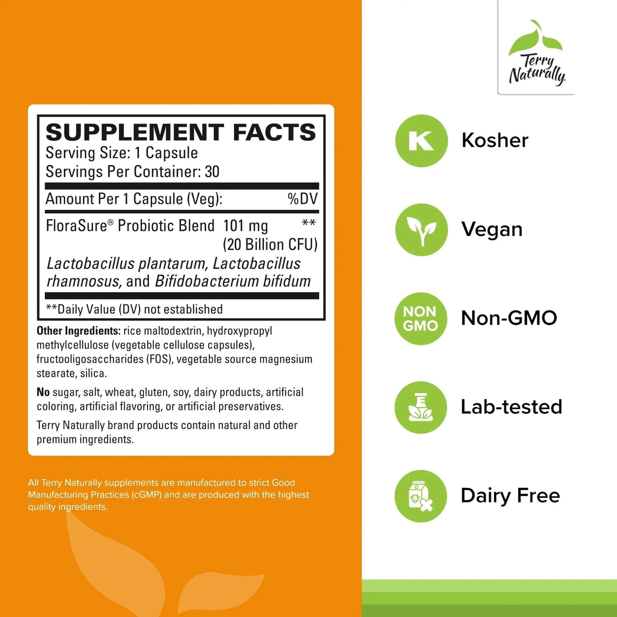 Terry Naturally FloraSure Probiotic - Digestion Supplement to Aid Against Occasional Bloating & Support Gas Relief - Gut Health Support Supplement with Bifidobacterium Bifidum - 30 Capsules - Maple Wellness Supplements