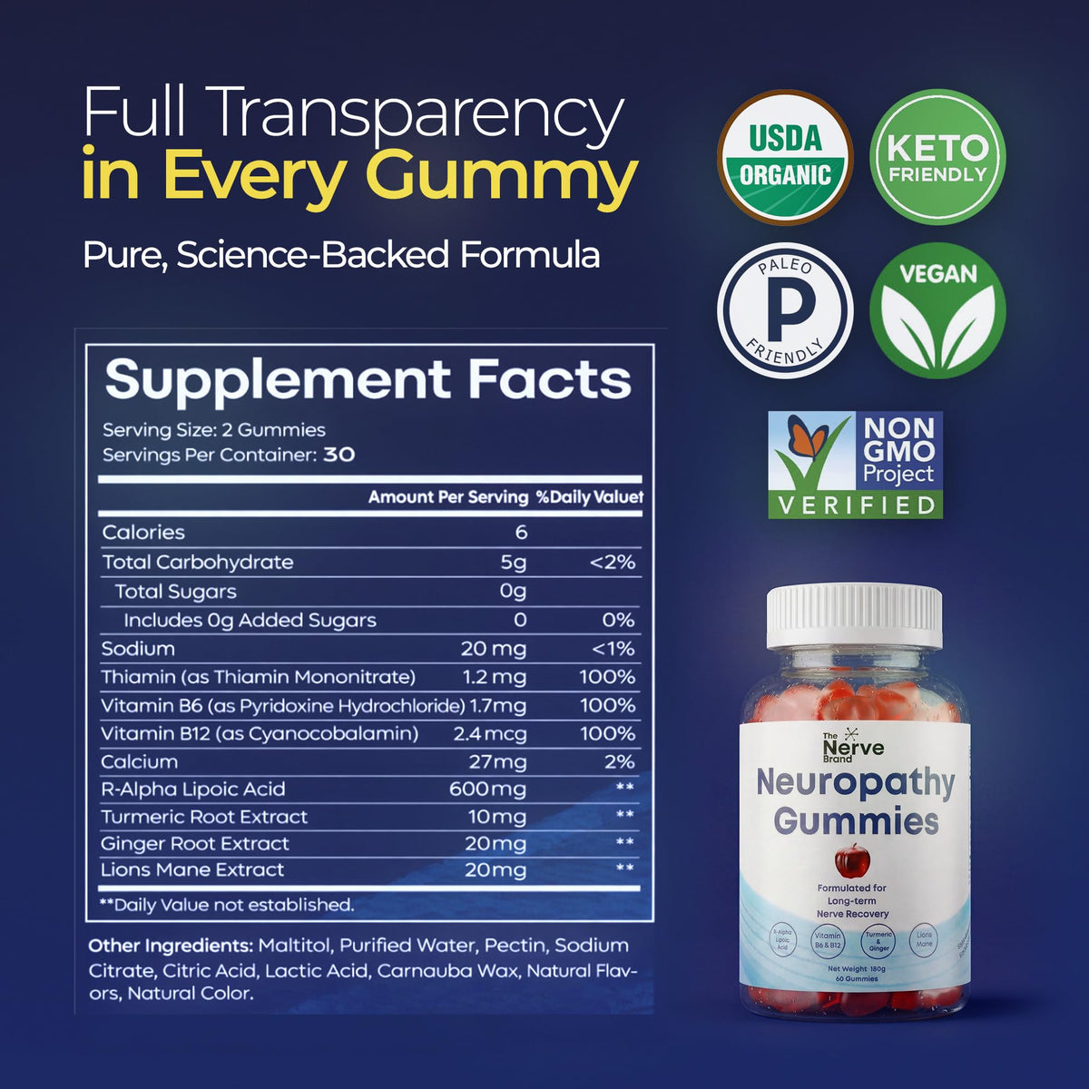 The Nerve Brand Neuropathy Support Gummies, 600 mg R Alpha Lipoic Acid Gummies with B1 B6 B12 and Lion’s Mane, Sugar Free Daily Nerve Health Supplement, 30 Day Supply - Maple Wellness Supplements