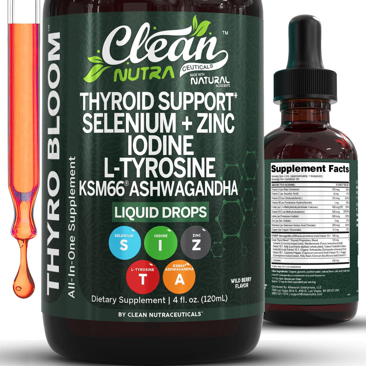 ThyroBloom Thyroid Support for Women Liquid Drops Iodine L-Tyrosine Selenium Copper Ashwagandha Zinc Kelp Bladderwrack Schisandra Guggul Turmeric Vitamin A D3 B12 - Maple Wellness Supplements