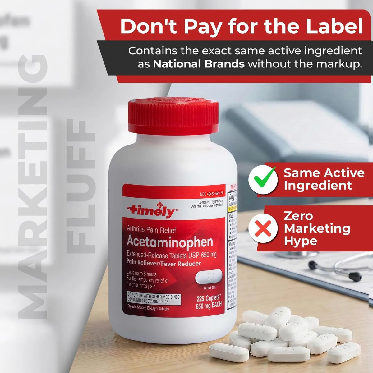 TIME-Cap Labs 225 Caplets Extended Release Acetaminophen 650mg - Pain Reliever & Fever Reducer for Adults, Helps with Headaches, Backaches, Muscle Pain, Toothaches & Menstrual Cramps - Maple Wellness Supplements