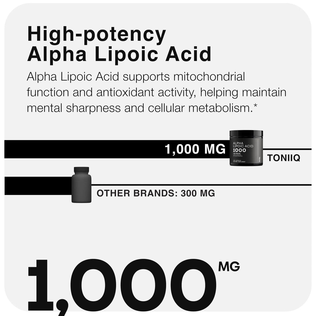 Toniiq 1000mg Ultra High Strength Alpha Lipoic Acid Capsules - Highly Purified 99%+ USP Standard - 120 Capsules ALA Supplement - Maple Wellness Supplements