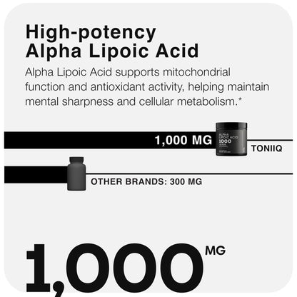Toniiq 1000mg Ultra High Strength Alpha Lipoic Acid Capsules - Highly Purified 99%+ USP Standard - 120 Capsules ALA Supplement - Maple Wellness Supplements