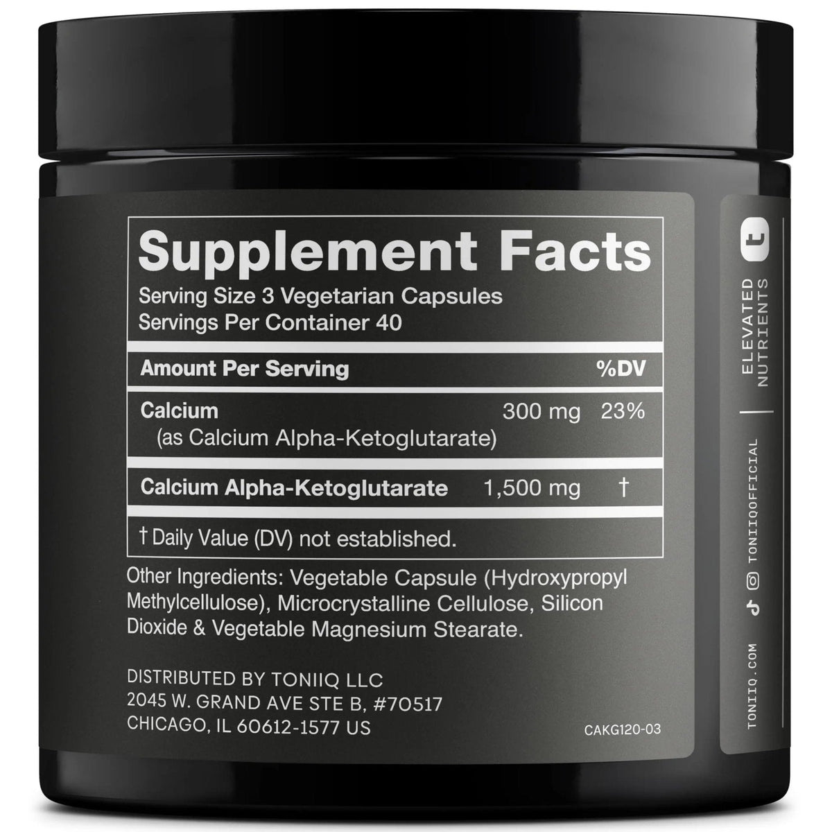 Toniiq 1500mg Ultra High Purity Ca AKG Supplement - 99%+ Highly Purified and Bioavailable Calcium Alpha-Ketoglutarate - Calcium AKG Longevity Supplement - 120 Ca-AKG Vegetarian Capsules - Maple Wellness Supplements