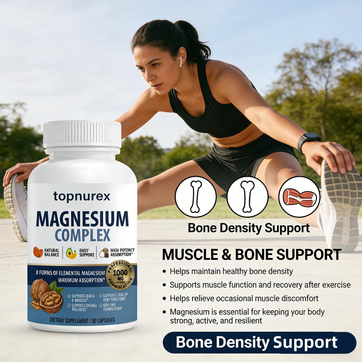 Topnurex Magnesium Complex for Women & Men - 1000mg High Absorption, 8 Essential Magnesium, 90 Capsules - Maple Wellness Supplements