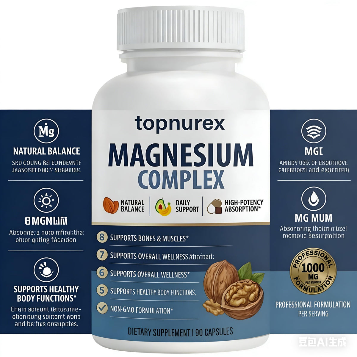 Topnurex Magnesium Complex for Women & Men - 1000mg High Absorption, 8 Essential Magnesium, 90 Capsules - Maple Wellness Supplements